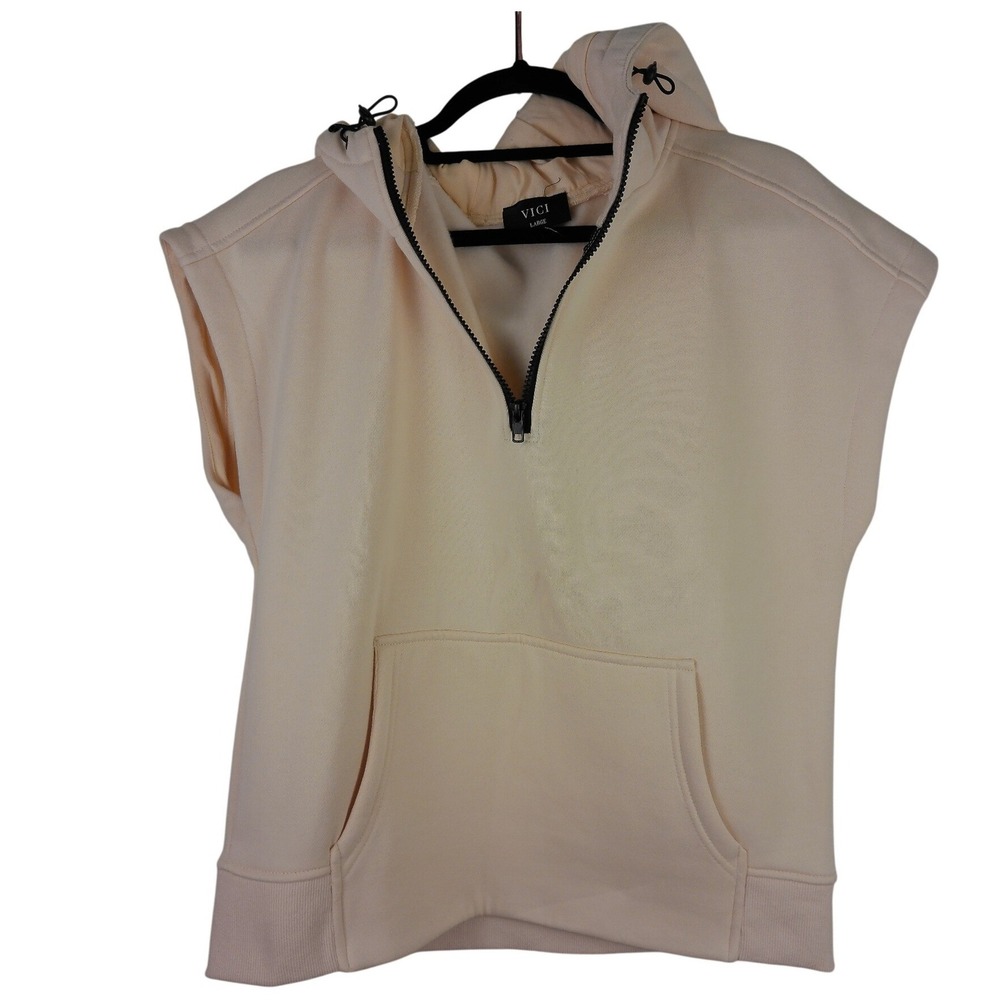 VICI Women Cream Sleeveless Quarter Zip‎ Hooded Sweatshirt Large KT-B8114